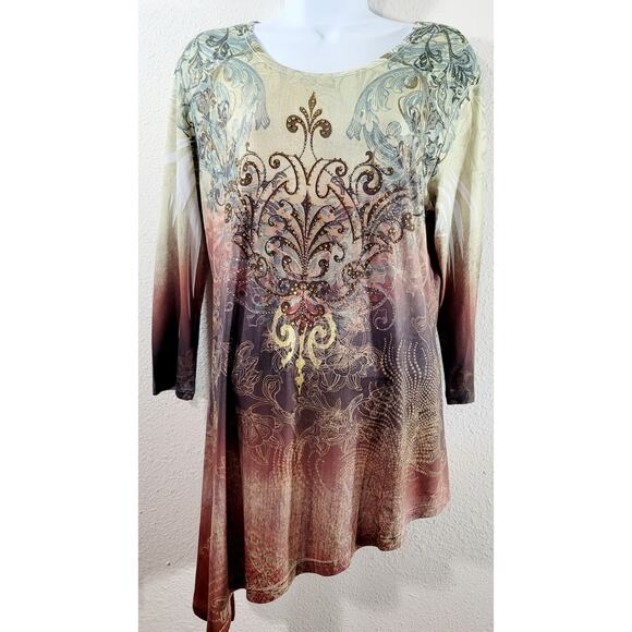 Jess & Jane Green Rhinestone Bodice Floral Print Top Small Lightweight Flowy - Picture 1 of 6